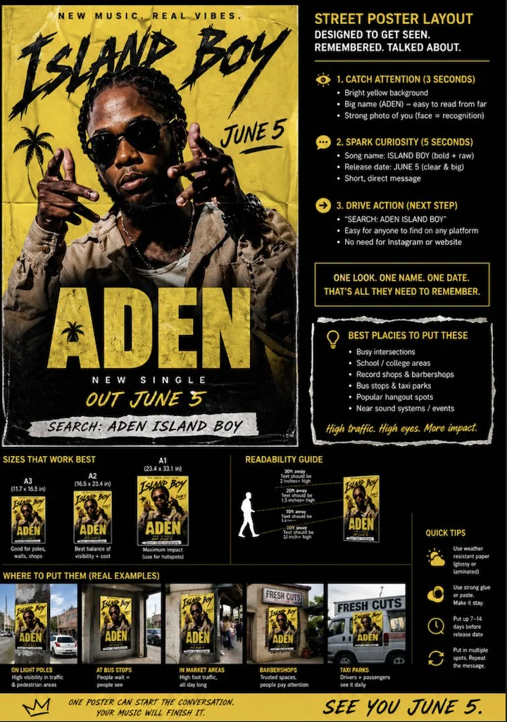 Island Boy street poster rollout plan with poster placement strategy.
